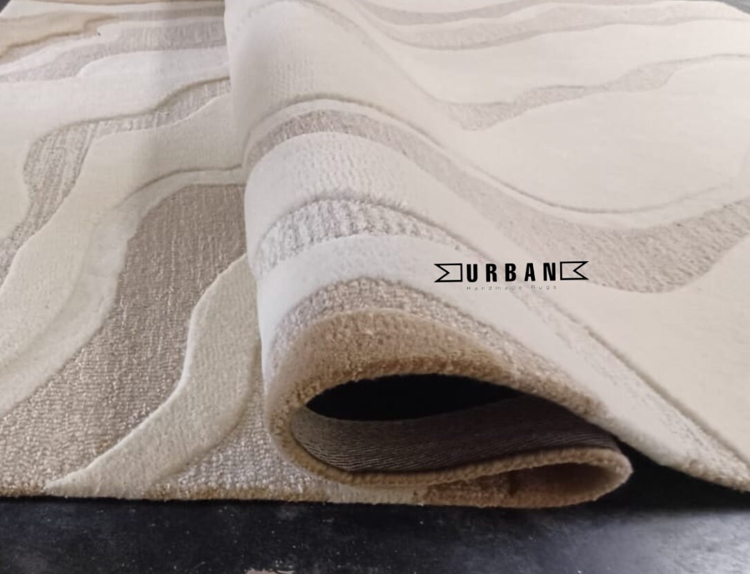 Low Loop Rug Ivory Beige High Low Loop Cut Modern Abstract Handmade Textured Woolen ...