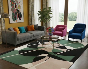 Green Abstract Wool Rug - Modern Tufted Area Rug