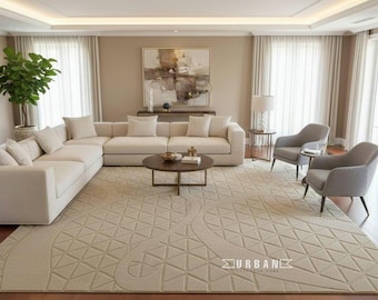 Hand-Tufted Wool Area Rug: Minimalist Beige Geometric Design