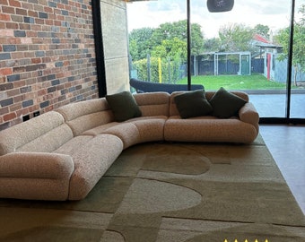 Olive Green Minimalist Modern Abstract Handmade Loop-cut Textured woollen Designer tufted Area Rug for Living Room Bedroom Newzealand wool.