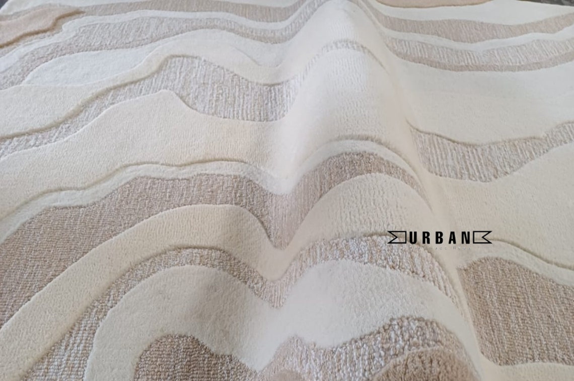 Low Loop Rug Ivory Beige High Low Loop Cut Modern Abstract Handmade Textured Woolen ...
