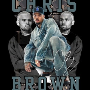 May include: A black and white graphic design featuring a portrait of Chris Brown. The image includes the text "CHRIS BROWN" in a large, bold font. The image is a collage of different images of Chris Brown, including one where he is wearing a blue denim jacket and jeans.