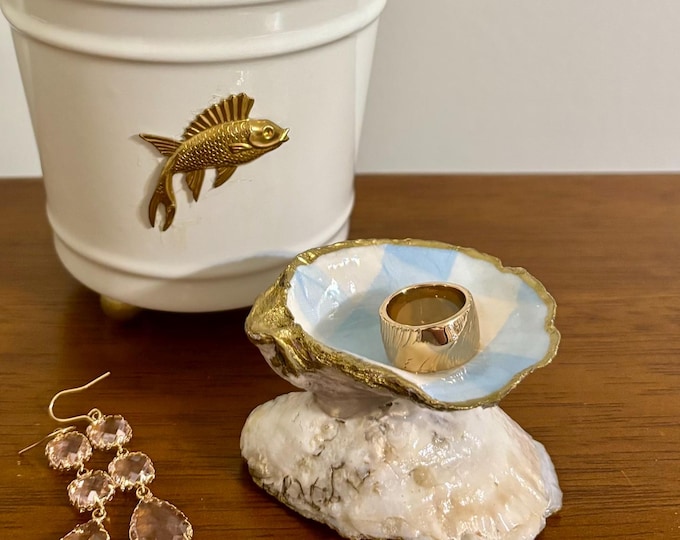 Blue and White gingham pedestal Oyster Ring Dish - Jewelry Display -  Beautiful Coastal Gift!