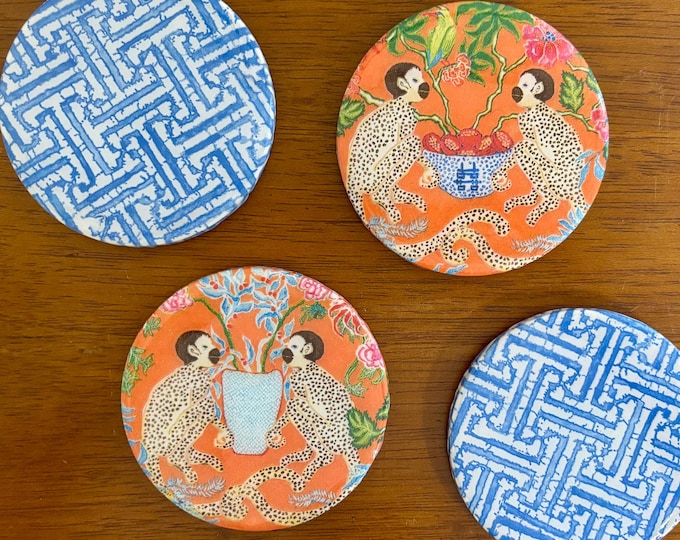 Chinoiserie Monkey Coasters - set of 4 - hostess gift - housewarming gift