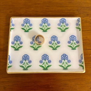 Blue and White Block Print Jewelry Dish - Chinoiserie Trinket Dish - Decorative Tray