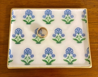 Blue and White Block Print - Trinket Dish - Chinoiserie Jewelry Tray - Decorative Tray