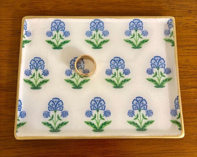 Blue and White Block Print Jewelry Dish - Chinoiserie Trinket Dish - Decorative Tray