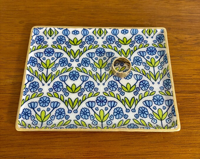 Blue and White Block Floral Jewelry Tray  - Decorative Tray - Beautiful Gift!