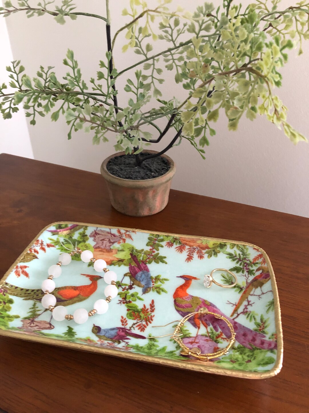 Chinoiserie Chelsea Birds Jewelry Dish Decoupaged Tray 5x8 Etsy