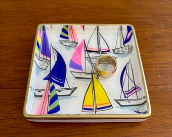 Colorful Sailboat Jewelry Dish - Coastal Trinket Dish - Fun Gift idea