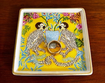 Vibrant Yellow Chinoiserie Monkey Trinket Dish, Jewelry Dish, Handmade Ring Dish, Square Catch All, Whimsical Exotic Home Decor Gift