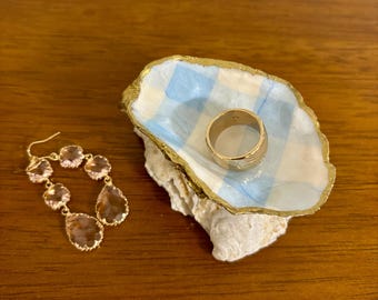 Blue and White gingham pedestal Oyster Ring Dish - Jewelry Display -  Beautiful Coastal Gift!