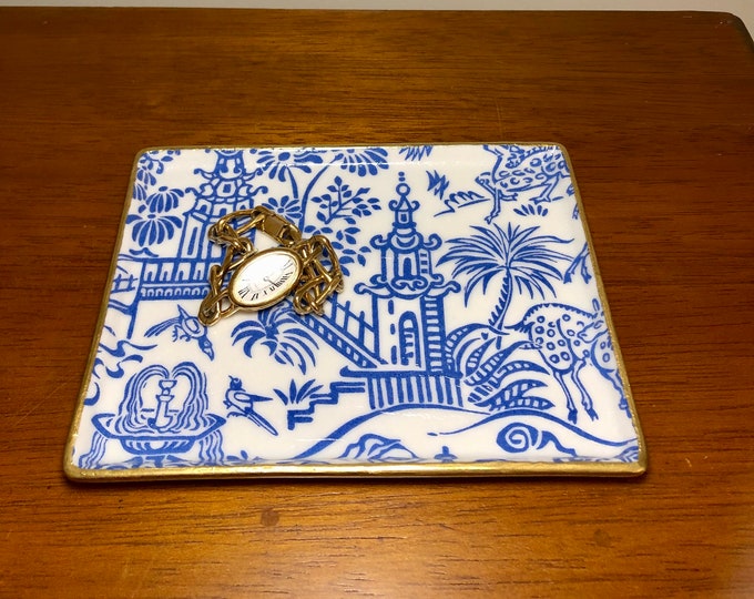 Blue and White Pagoda Jewelry Dish - Chinoiserie Trinket Tray - Hostess Gift