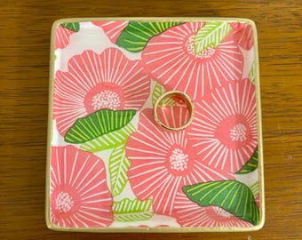 Pink Poppy floral Chinoiserie Decorative dish - Jewelry Dish - Cute Gift idea!