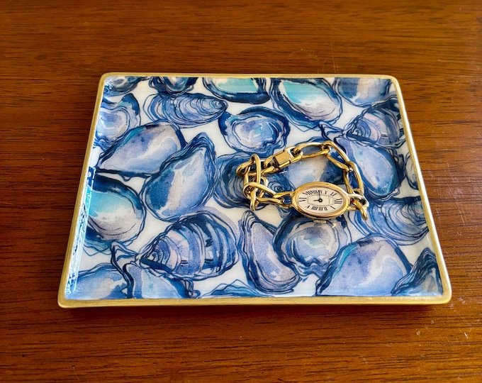 Blue and White Jewelry Dish - Coastal Seashell Trinket Tray - Beautiful Hostess Gift