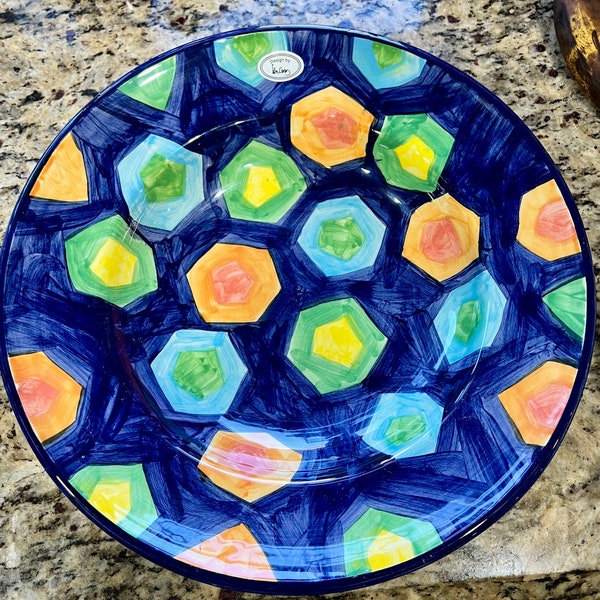 Large Art Deco Salad/Pasta Serving Bowl. Hand painted and Made in TURKEY. Geometric colorful Designs.