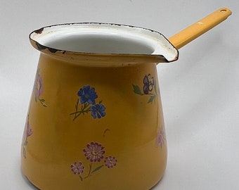 Vintage Floral Yellow Enamel Turkish Coffee Pot/Warmer 30