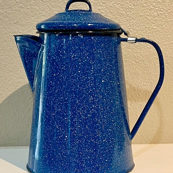 Large Vtg. Blue And White Speckled Enamelware Cowboy Camping Coffee Pot