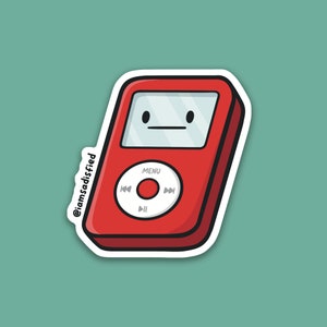 May include: A red MP3 player with a white sticker border and a cartoon face. The player has a menu button, play and pause buttons, and a volume control.