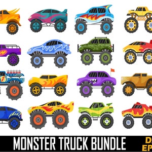May include: A set of 16 colorful monster truck clip art illustrations. The trucks are in various colors and designs, including yellow, blue, green, purple, and orange. Each truck has large wheels and a unique design. The trucks are perfect for use in digital projects, such as scrapbooking, card making, and web design.
