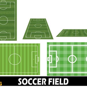 Puede incluir: Cuatro variaciones diferentes de un campo de fútbol verde con líneas blancas. Los campos tienen diferentes patrones en el césped, incluyendo rayas y un patrón a cuadros.