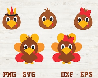 May include: Set of five Thanksgiving turkey clip art images. The images include a turkey with a headdress, a turkey with a bow, and three turkeys with different colored feathers.