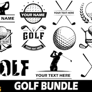 Può includere: Un set di 10 file SVG, PNG, DXF ed EPS in bianco e nero a tema golf. I design includono un golfista, palline da golf, mazze da golf e la parola "GOLF".