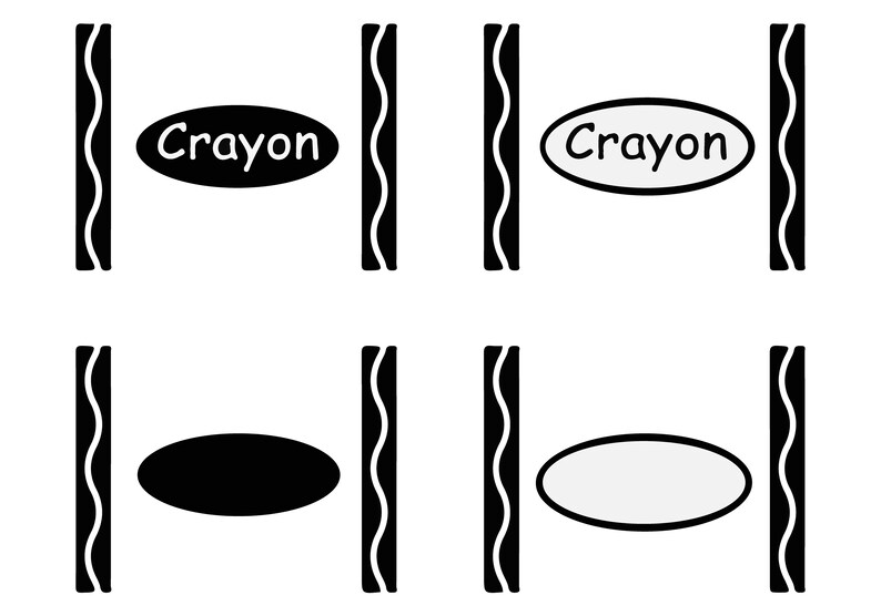 May include: Black and white illustration of a crayon box with two different labels. The first label says "Crayon" and the second label is blank. The box is open and there are two crayons inside. One crayon is black and the other is gray.