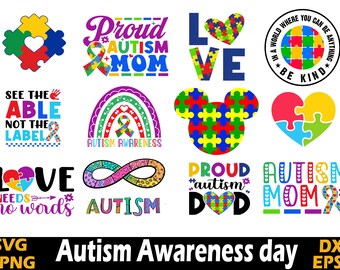 Puede incluir: Una colección de gráficos coloridos con temas de concienciación sobre el autismo. Los diseños incluyen piezas de rompecabezas, corazones, cintas y texto como "Proud Autism Mom", "Love Needs No Words" y "Be Kind". También está presente la frase "Autism Awareness Day".