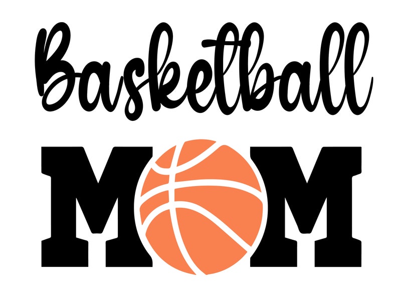 May include: Black and white graphic design with the text "Basketball Mom" and an orange basketball in the center.