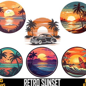 May include: Six colourful illustrations of retro sunset scenes with palm trees, ocean waves, and a vintage car. The illustrations are perfect for creating digital or printed designs.