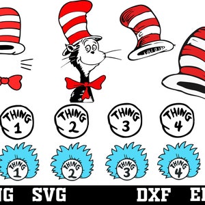 Puede incluir: Un conjunto de archivos de corte digital con el Gato en el Sombrero, Cosa 1 y Cosa 2. Los archivos incluyen un sombrero a rayas rojo y blanco, una corbata de lazo roja y una peluca azul. El texto "Cosa 1", "Cosa 2", "Cosa 3" y "Cosa 4" está incluido en el diseño.