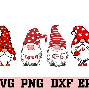 May include: Four gnomes with red hats and white beards. The gnomes are holding Valentine's Day themed items, including a heart, a letter, and a candy cane.