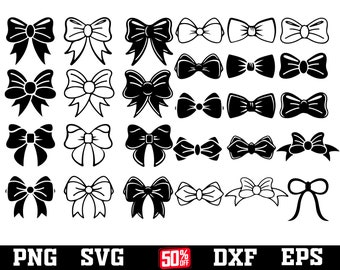 Könnte beinhalten: Ein Set mit 20 schwarzen und weißen SVG-Schneidedateien für Schleifen und Bänder. Die Designs umfassen verschiedene Stile von Schleifen und Bändern, perfekt für Bastelarbeiten und DIY-Projekte.