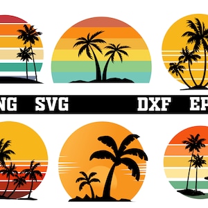 ヤシの木 svg バンドル、ヤシの木 svg、レトロな夕日 SVG、夕日 svg、レトロな夕日 png