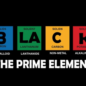 Op de afbeelding: Een grafisch ontwerp met de elementen uit het periodiek systeem voor boor, lanthaan, koolstof en kalium, die het woord "BLACK" spellen. De tekst "THE PRIME ELEMENT" staat onder de elementen.
