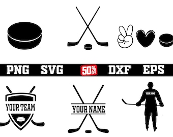 May include: Black and white vector graphics of hockey sticks, pucks, and a peace sign.  There is a logo with the text "Your Team" and another logo with the text "Your Name".  There is also a silhouette of a hockey player with the text "Your Name".