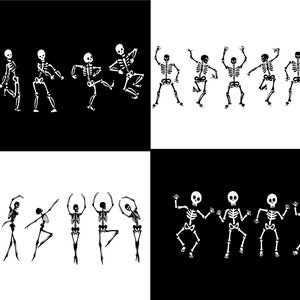 May include: A set of black and white skeleton illustrations in various poses, including dancing and jumping. The skeletons are all in a cartoon style and have a fun, whimsical look.