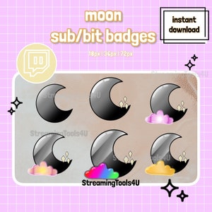 Odznaki subskrybentów Moon Twitch / Odznaki bitowe / Emotka / Kawaii / Streamer / Zestaw Moonlight