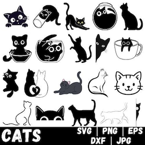 Op de afbeelding: Een verzameling zwart-wit kattenillustraties in verschillende poses en stijlen. Sommige katten zijn omlijnd, terwijl andere effen zwart zijn. Het woord "CATS" staat onderaan, samen met bestandstype-afkortingen: SVG, PNG, EPS, DXF en JPG.