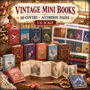 Vintage Mini Book Printable, 1:6 Scale Dollhouse Books, 60 Wraparound Covers with Accordion Pages, Miniatures