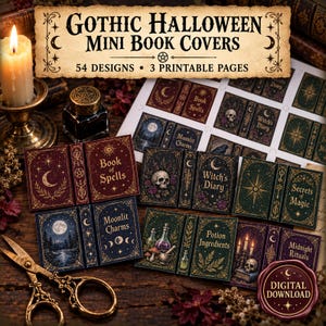 Puede incluir: Una colección de portadas de minilibros imprimibles de Halloween gótico con 54 diseños en 3 páginas. Las portadas muestran títulos como Book of Spells, Witch's Diary y Potion Ingredients con ilustraciones de calaveras, lunas y estrellas.