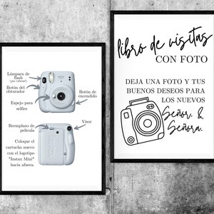 Könnte beinhalten: Eine weiße und graue Sofortbildkamera mit einer schwarz-weißen Illustration einer Kamera auf weißem Hintergrund. Der Text "libro de visitas con foto" ist oben im Bild in Schwarz geschrieben. Der Text "Deja una foto y tus buenos deseos para los nuevos Señor & Señora." ist unten in Schwarz unter der Illustration geschrieben.