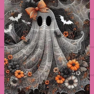 May include: A whimsical Halloween-themed illustration of a ghost with a bow, surrounded by spiderwebs, bats, and flowers. The ghost is white with black eyes and eyelashes. Orange and black flowers and accents add color to the design.