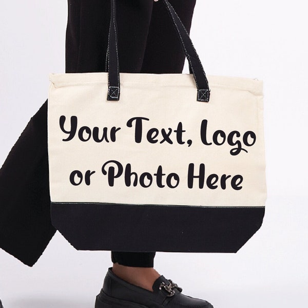 Customized Canvas Tote Bag for Weddings Events and Promotions - Personalized with Logo or Photo - 2 Color Options with Zipper
