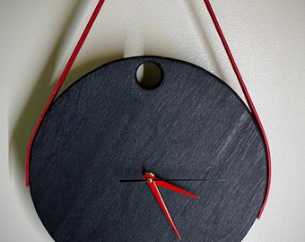 Shou Sugi Ban Wall Clock: Black Oak with Leather Strap