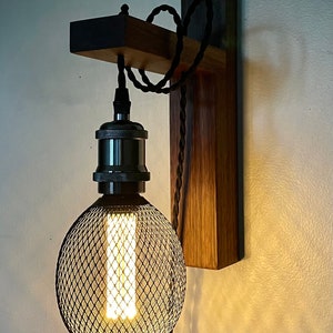 Modern Industrial Wall Sconce | Solid Walnut Wood with Black Pearl Finish Plug-in