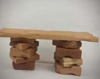Sculptural Coffee Table: Decorative River Rock Bench, Solid Wood Oak Bench, Narrow Entryway Bench, Modern Wabi Sabi Bench