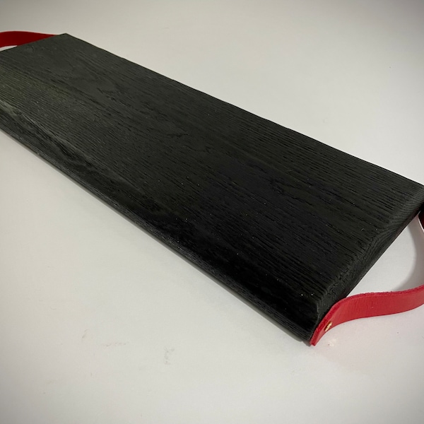The Burnside Yakisugi Charred Black Wood Serving Tray with Red Leather Handles