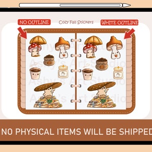 May include: Cozy Fall Stickers with a mushroom, coffee cup, candle, and pumpkin design. The stickers are available in two styles: no outline and white outline. "Cozy Fall Stickers" is written at the top of the image.